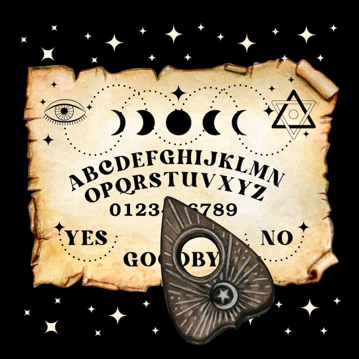 Vector aquarel ouija scroll bord met planchette halloween uitnodiging