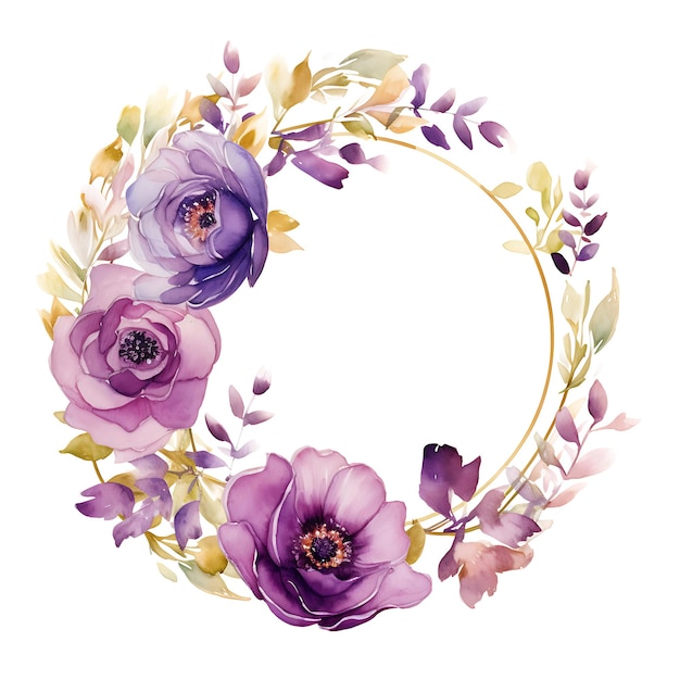 Aquarel paarse bloemenkrans met gouden cirkel
