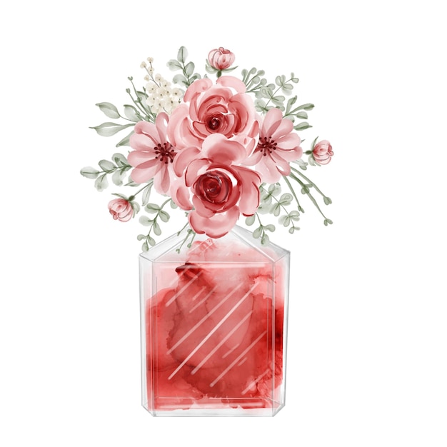 Aquarel parfum en rode bloemen illustratie