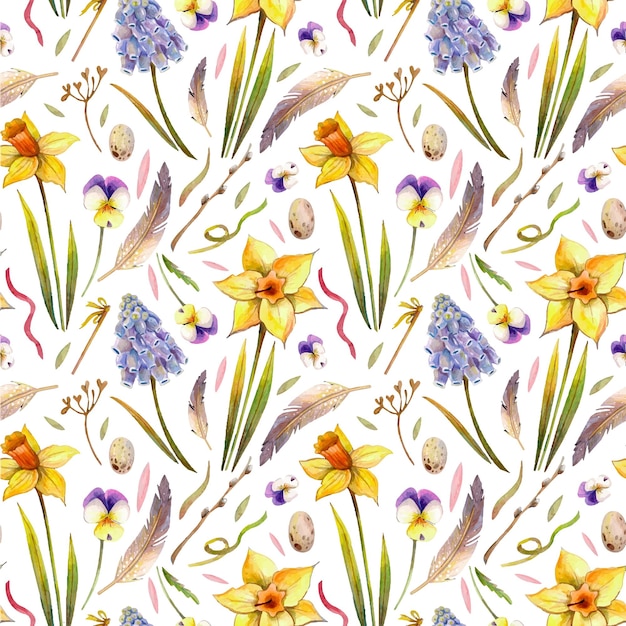 Aquarel patroon met bloemen narcissen en viooltjes pasen patroon