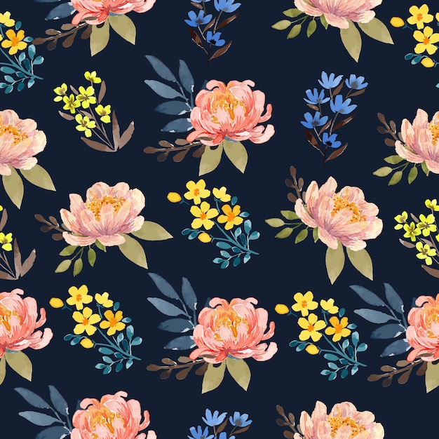 Aquarel Peach Peony in Navy achtergrond naadloze bloemmotief