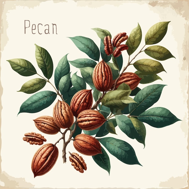 Aquarel pecan vintage retro posterontwerp Vector pecannoot illustratie fruit thema