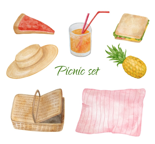 Aquarel picknick set Hand getekende picknickmand deken zonnehoed sap glas en buiten zomer eten