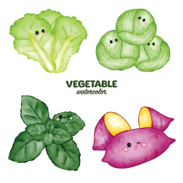 Aquarel plantaardige clip art element schattig karakter zoete aardappel bussel spruit sla munt