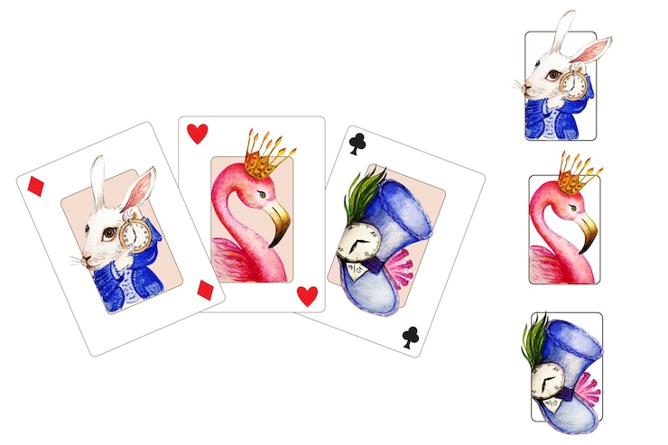 Vector aquarel rabbit flamingo watchmaker hat van alice in wonderland en set elementen