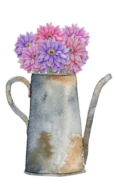 Aquarel roestige gieter met een boeket bloemen