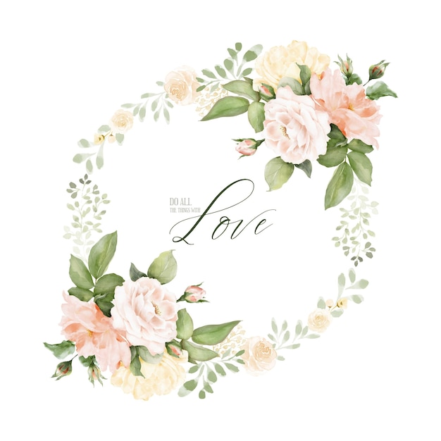 Aquarel rond frame-ontwerp met roze rozen en bladeren