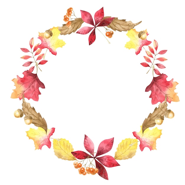 Aquarel ronde krans met herfstbladeren Helder en kleurrijkx9