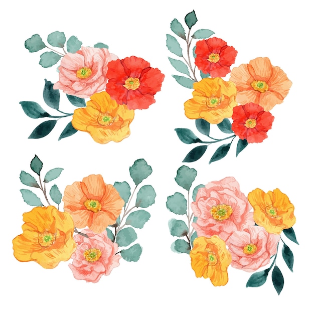 Vector aquarel rood geel en roze klaprozen floral regeling set