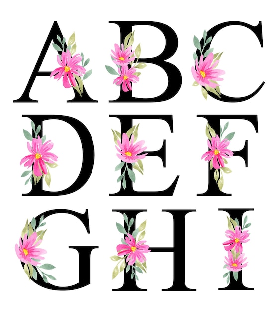 Aquarel roze bloemen alfabetletters ontwerp a - i