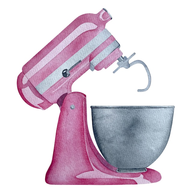 Aquarel roze mixer illustratie met deeghaak aquarel bakbenodigdheden voor diy bakkerij logo