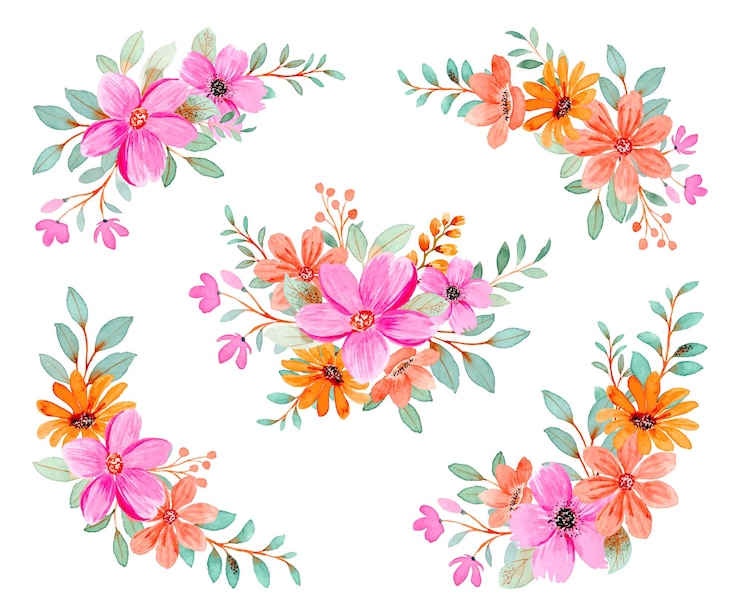 Vector aquarel roze oranje bloemstuk collectie