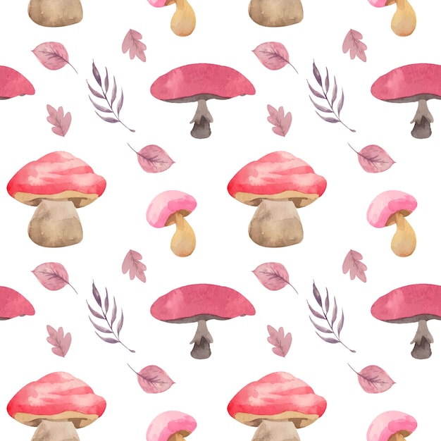 Aquarel roze paddestoelen en bladeren naadloze patroon