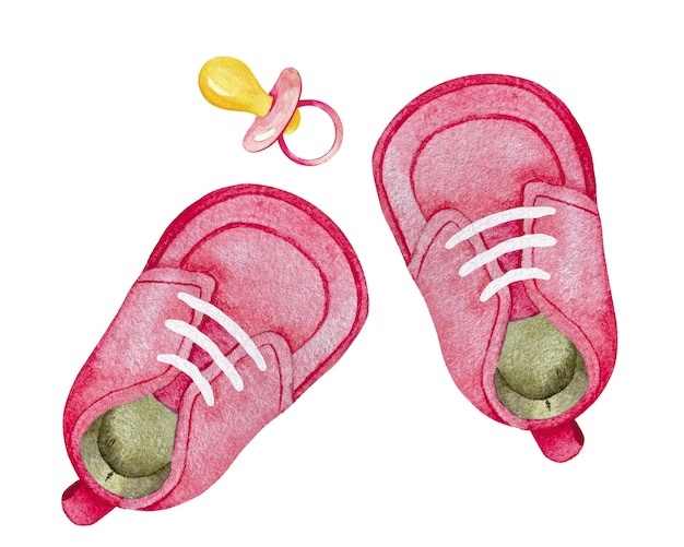 Aquarel roze schoenen voor babymeisje met witte veters met fopspeen bovenaanzicht