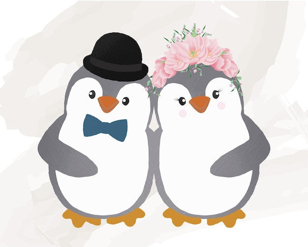 Aquarel schattig pinguïn paar met een hoed vlinderdas en bloemen Portret clipart