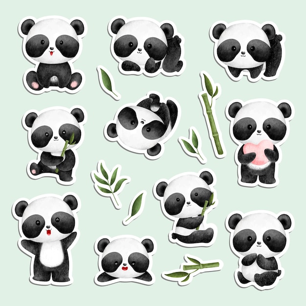 Aquarel schattige baby panda en bamboe sticker