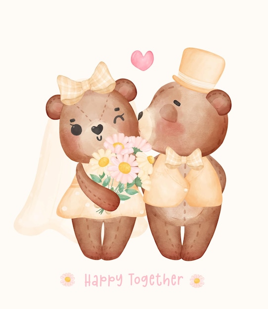 Aquarel schattige bruine teddybeer bruidegom jongen zoenen bruid meisje gelukkig samen Valentijn stripfiguur hand tekenen illustratie vector