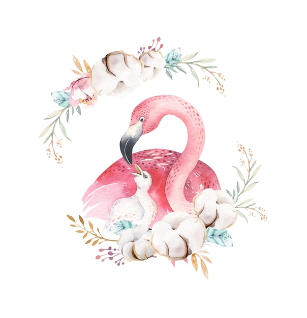Aquarel schattige cartoon afbeelding met schattige mama flamingo en baby bloem bladeren krans moeder nijlpaard en baby illustratie vogel ontwerp tropische moeder koala decoratie