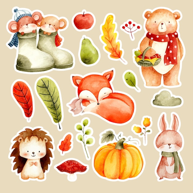 Aquarel schattige dieren en herfstbladeren sticker