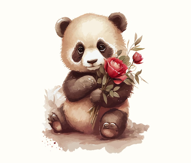 Aquarel schattige panda met bloemen geïsoleerd op witte achtergrond Leuke en mooie panda met rozen