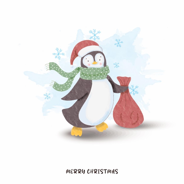 Aquarel schattige pinguïn met cadeaus vrolijk kerstfeest