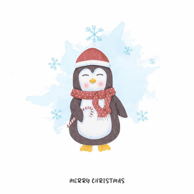 Aquarel schattige pinguïn met snoep vrolijk kerstfeest