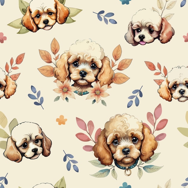 Vector aquarel schattige puppy poedel honden en bloemen naadloze patroon