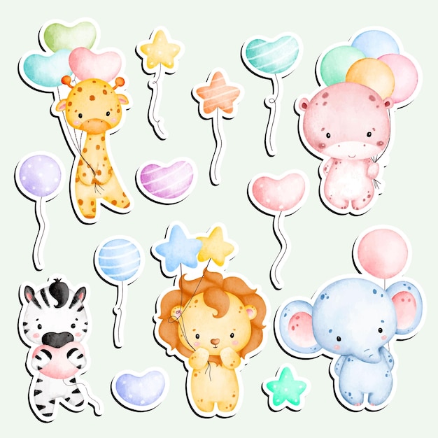 Aquarel schattige safari dieren met ballons sticker