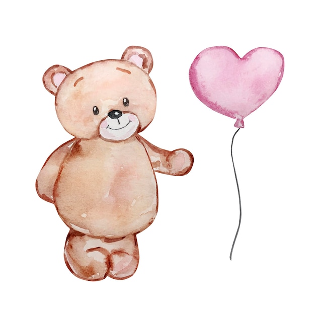 Aquarel schattige teddybeer en ballon Valentijnsdag