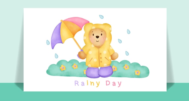 Aquarel schattige teddybeer in de regen voor wenskaart