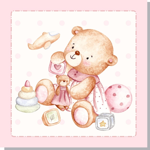 Aquarel schattige teddybeer met speelgoed