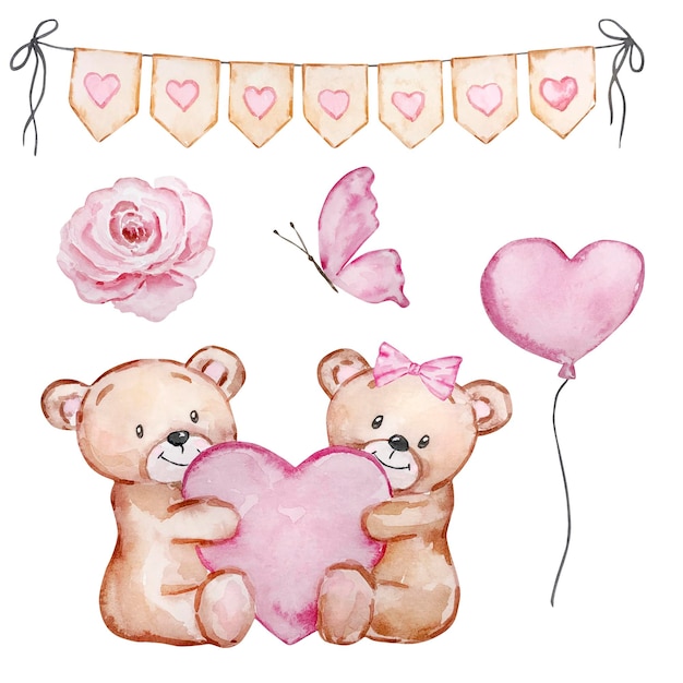 Aquarel schattige teddyberen Valentijnsdag