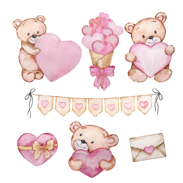 Aquarel schattige teddyberen Valentijnsdag