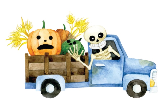 aquarel schattige tekening voor halloween een lachend skelet rijdt in een vintage fee van een pompoenvrachtwagen
