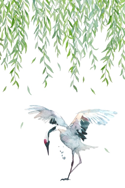 Aquarel schilderij van een kraanvogel met wilgenbladeren erop in de oosterse Chinese stijl