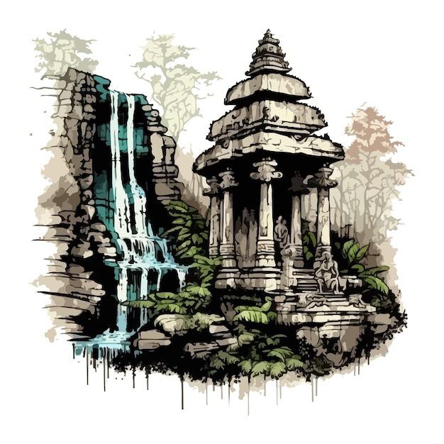 Aquarel schilderij van een panorama van de tempel bij de waterval