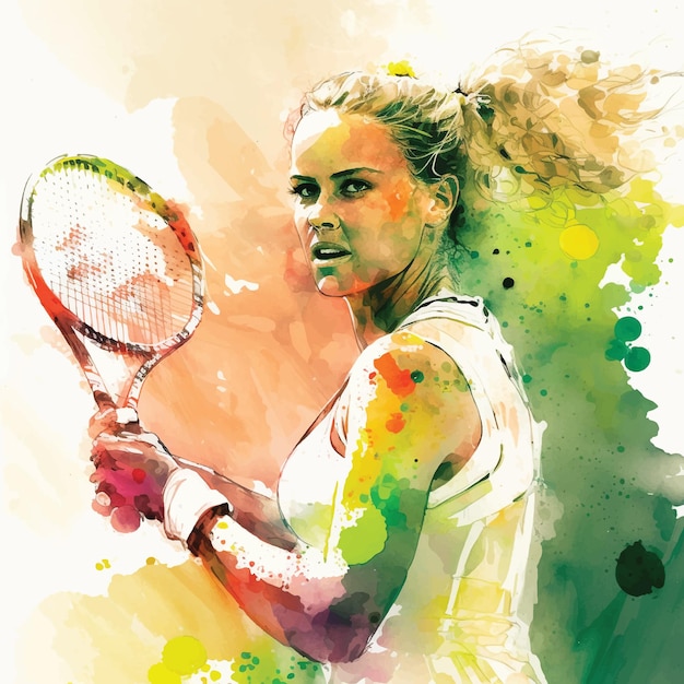 Vector aquarel schilderij van een tennissende vrouw