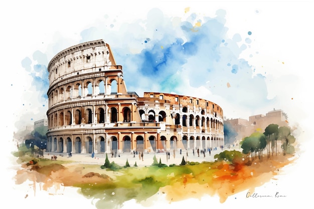 Aquarel schilderij van het Colosseum met blauwe hemel en kleurrijke spetteringen