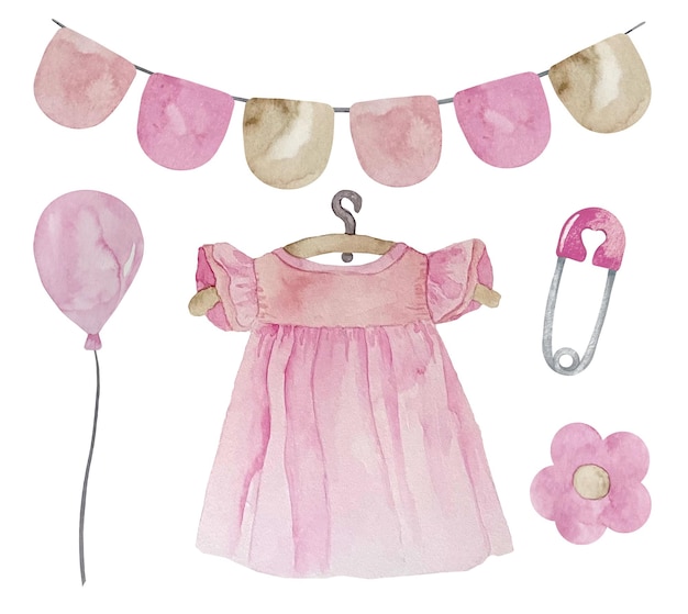 Aquarel set baby meisje roze elementen met fopspeen baby jurk illustratie het is een meisje set