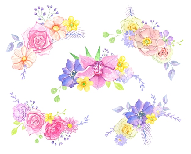 Aquarel set bloemstukken van zomerbloemen perfect voor wenskaartenhuwelijksuitnodiging