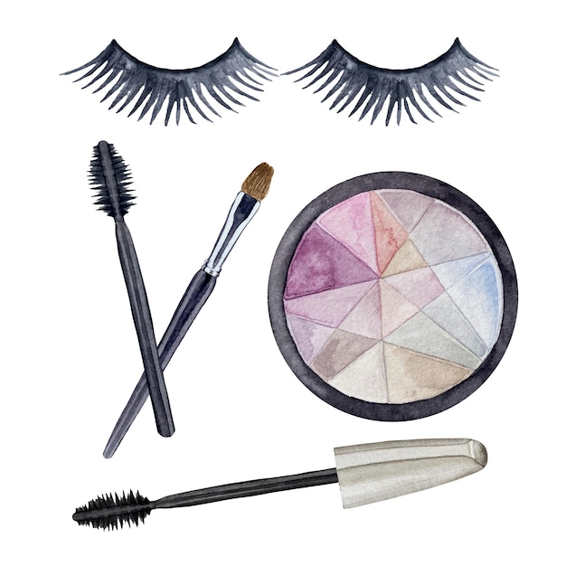 Aquarel set cosmetica en make-up artiest objecten. Valse wimpers, oogschaduw, borstels