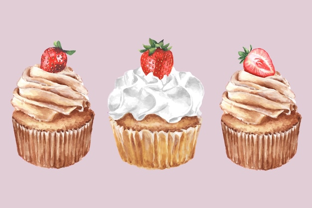 Aquarel set cupcakes met aardbeien Handgeschilderd voor ontwerp van menu
