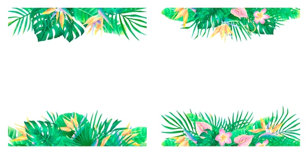 Aquarel set exotische tropische frames met palmbladeren en jungle bloemen bloemenrand