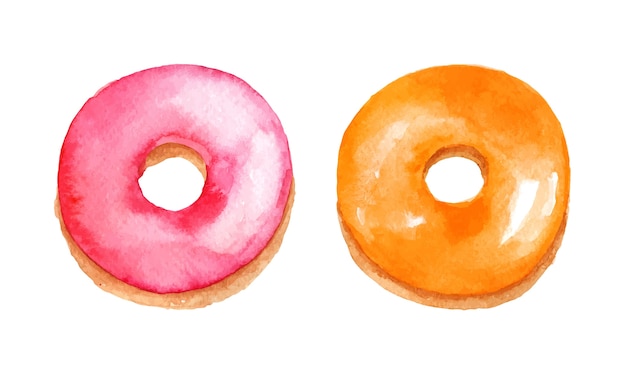Aquarel set gekleurde geglazuurde donuts. Roze en oranje zoete broodjes met een topping van fruit