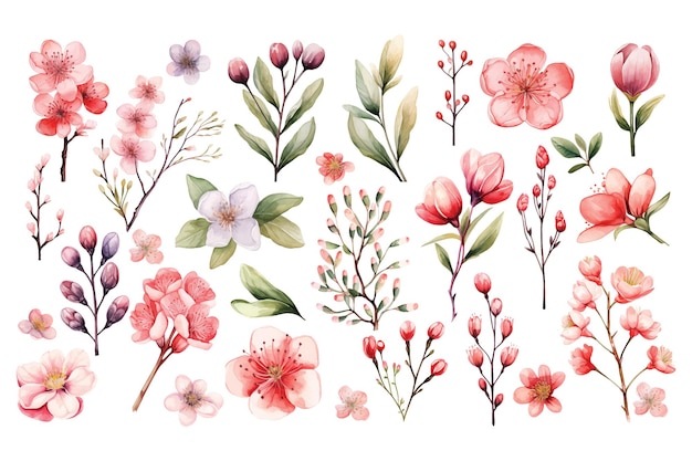 Aquarel set met roze wilde voorjaarsbloemen voor Valentijnsdag romantische illustratie