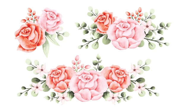 Aquarel set roze en rood roze bloemenkrans