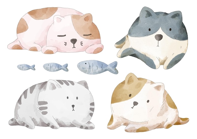 Aquarel set schattige kattenslaap in verschil actie, garen, visgraat op witte achtergrond, afbeelding