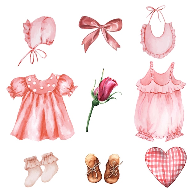 Aquarel set van baby meisje kleding baby shower geïsoleerd op wit