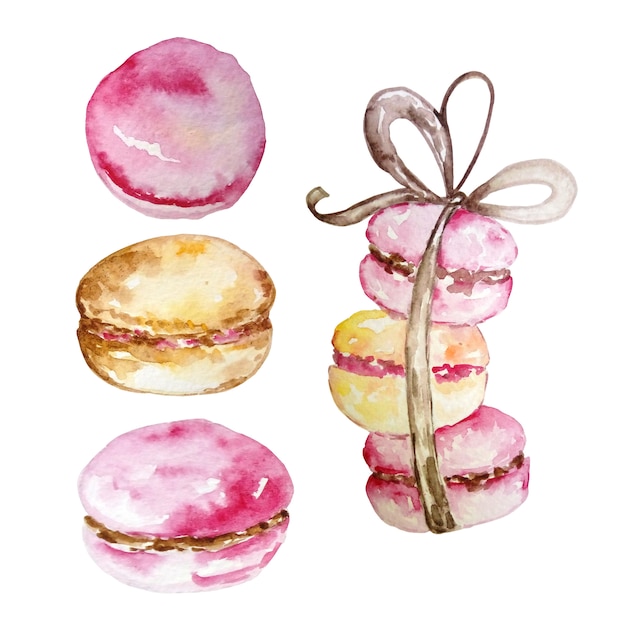 Aquarel set van drie macarons gebonden met een lint met een strik en afzonderlijk drie macarons op een witte achtergrond hand getrokken