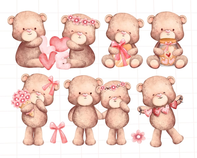 Aquarel set van mooie teddybeer